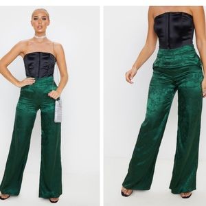 PrettyLittleThing Jasper Green Jacquard Satin Wide Leg Pants